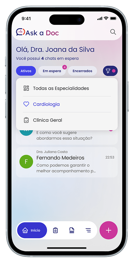 Tela inicial do app - Seleção de especialidade